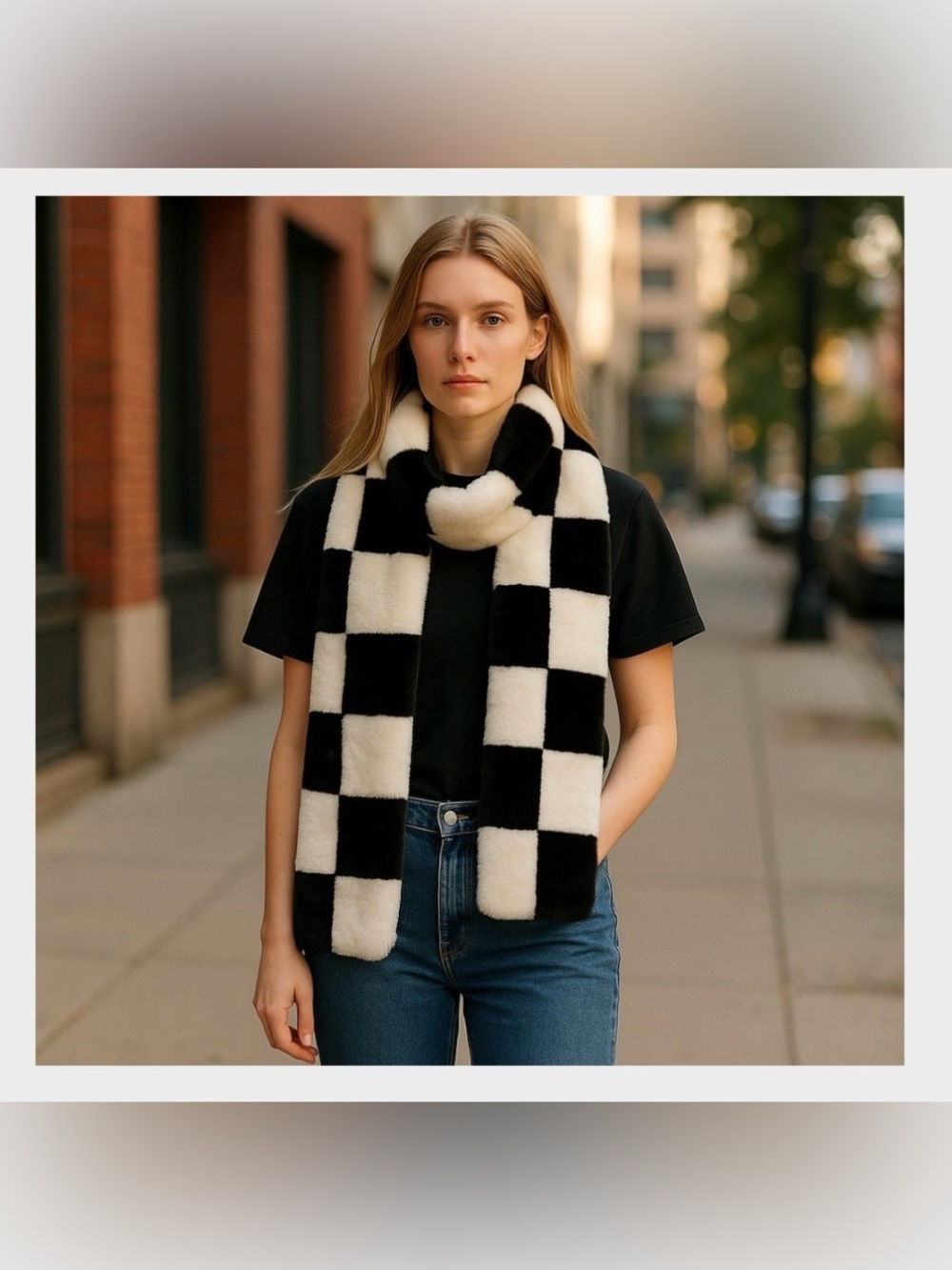 House of Harlow 1960 Faux Fur Checkered Scarf